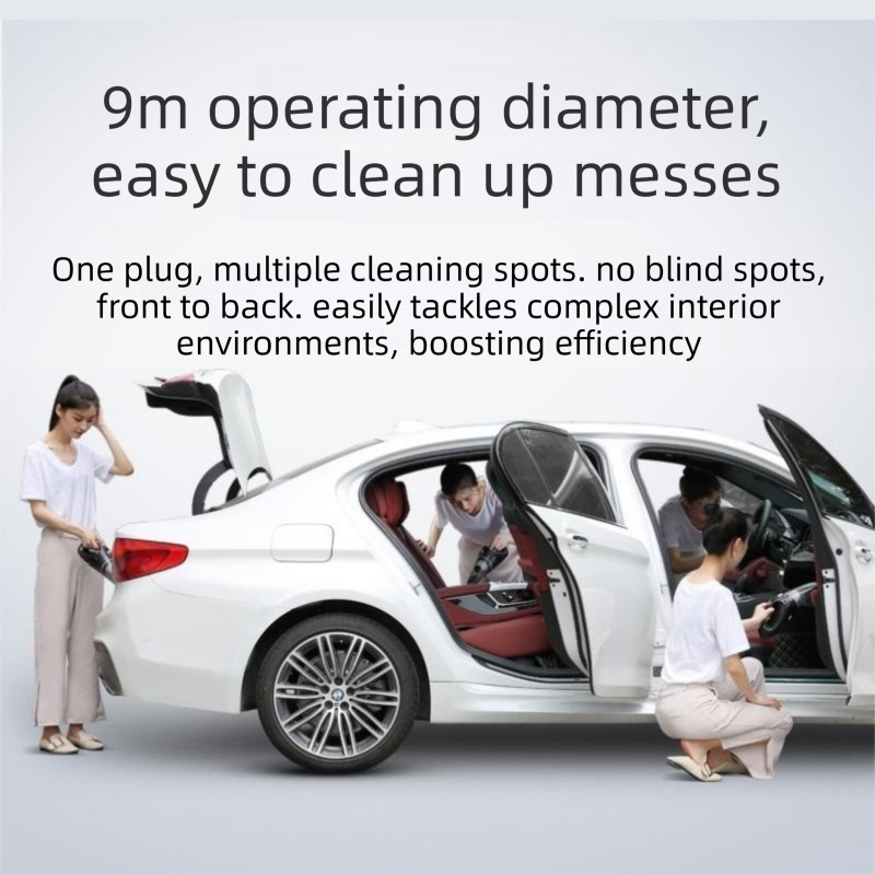 Black cordless car vacuum cleaner and electric spin scrubber combo with brush heads