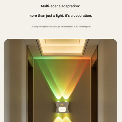 Black rechargeable motion sensor wall lights mounted along a hallway