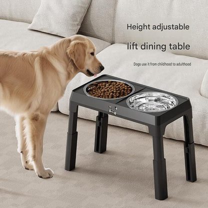 Black elevated double dog bowl stand with stainless bowls and a grooming comb