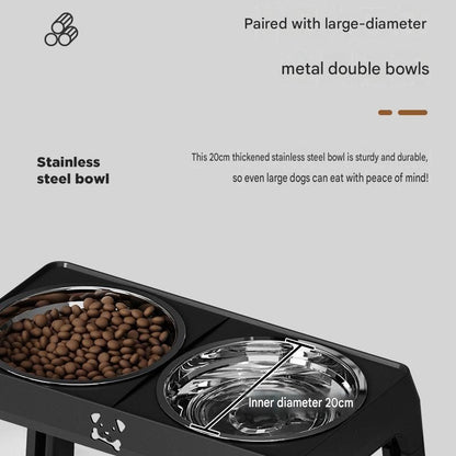 Black elevated double dog bowl stand with stainless bowls and a grooming comb