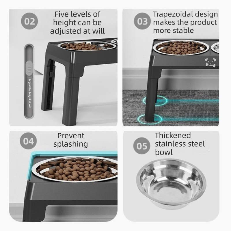 Black elevated double dog bowl stand with stainless bowls and a grooming comb