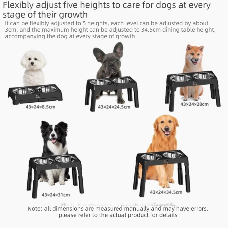 Black elevated double dog bowl stand with stainless bowls and a grooming comb