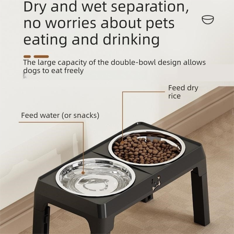 Black elevated double dog bowl stand with stainless bowls and a grooming comb
