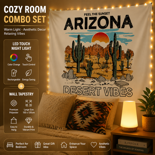 Rechargeable RGB night light with vintage camping style wall tapestry