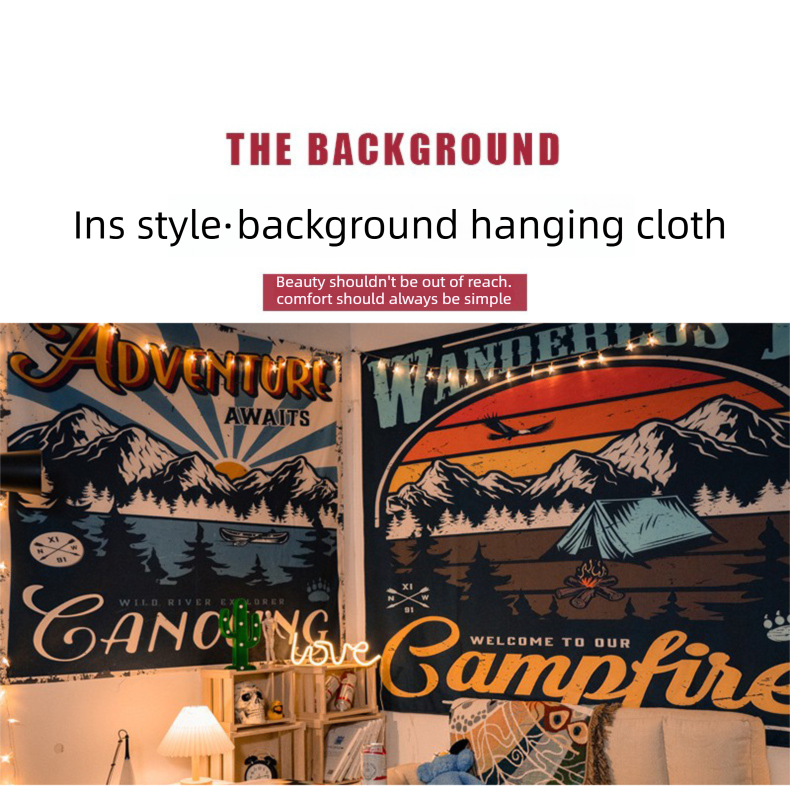 Rechargeable RGB night light with vintage camping style wall tapestry