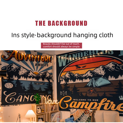 Rechargeable RGB night light with vintage camping style wall tapestry