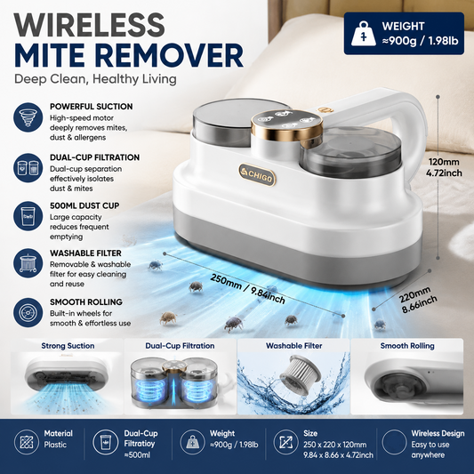 White handheld cordless dust mite vacuum with UV light on a mattress