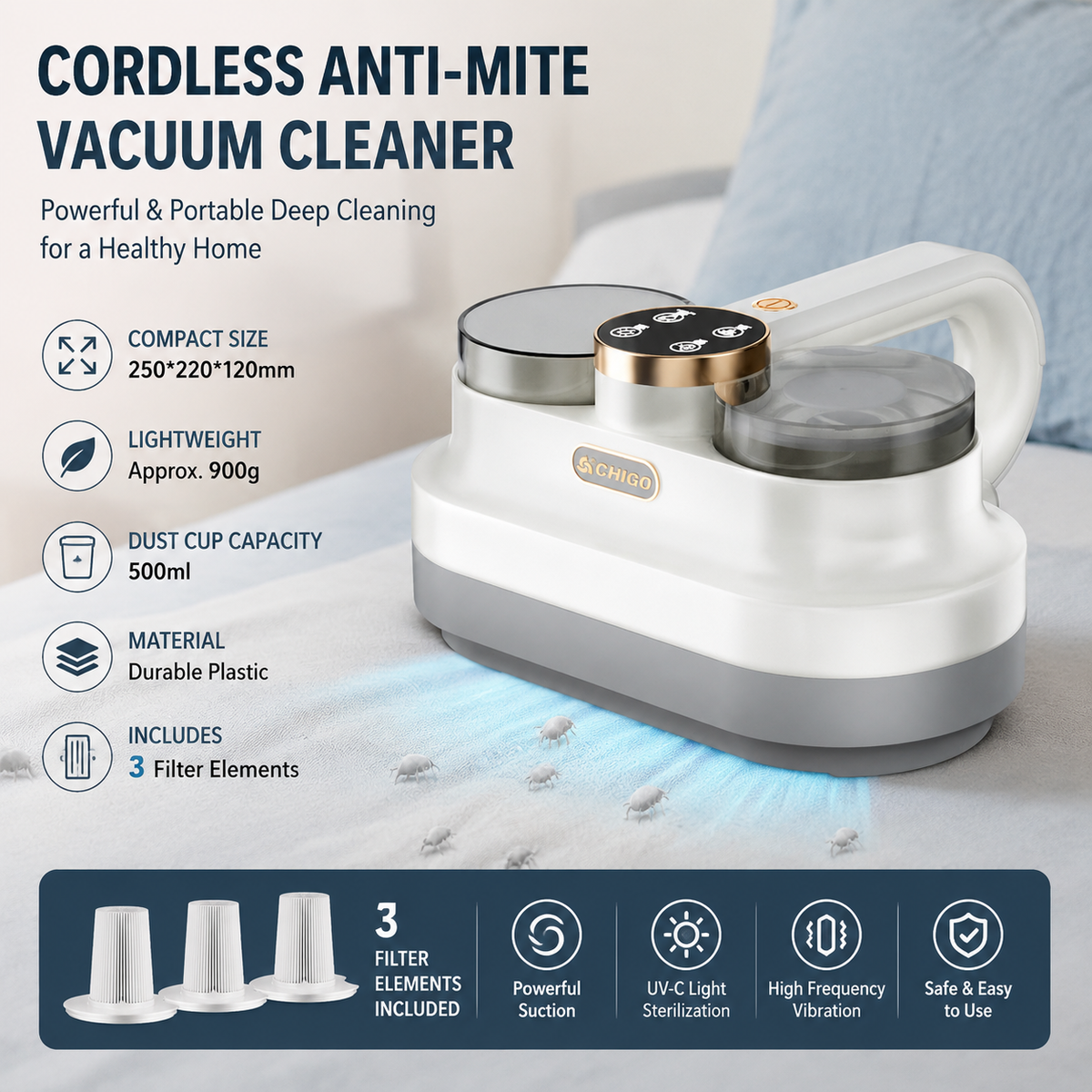 White handheld cordless dust mite vacuum cleaner with dual cups and LED light