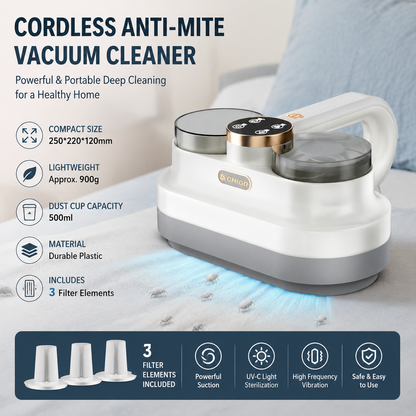 White handheld cordless dust mite vacuum cleaner with dual cups and LED light