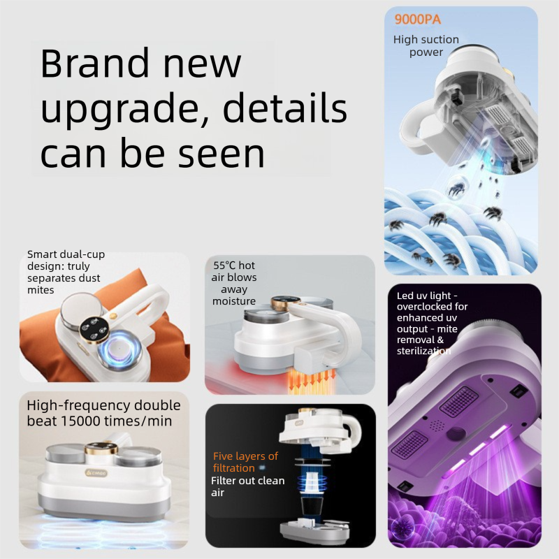 White handheld cordless dust mite vacuum cleaner with dual cups and LED light