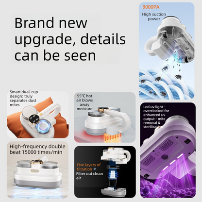 White handheld cordless dust mite vacuum cleaner with dual cups and LED light