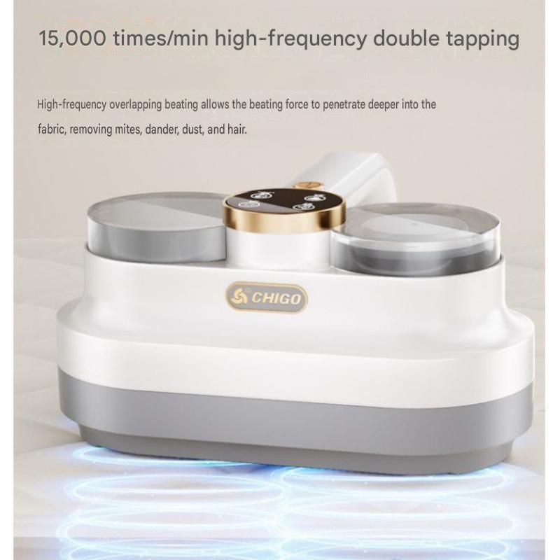 White handheld cordless dust mite vacuum cleaner with dual cups and LED light