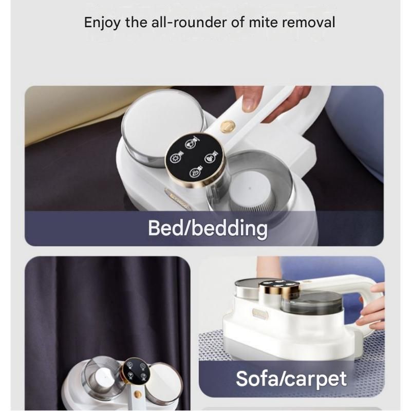 White handheld cordless dust mite vacuum cleaner with dual cups and LED light