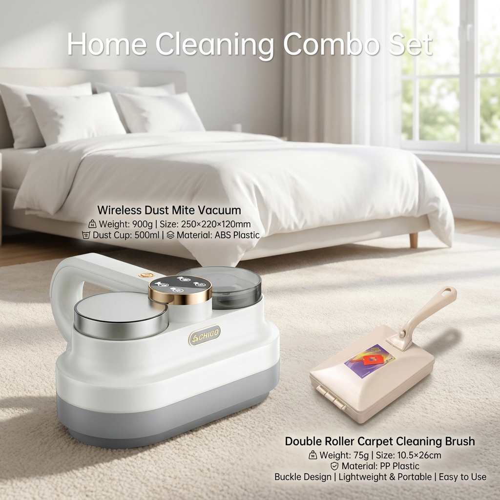 White cordless dust mite vacuum beside a beige double roller carpet brush
