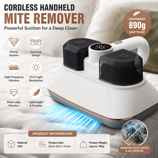 White handheld cordless mite remover vacuum with dual cups and UV light