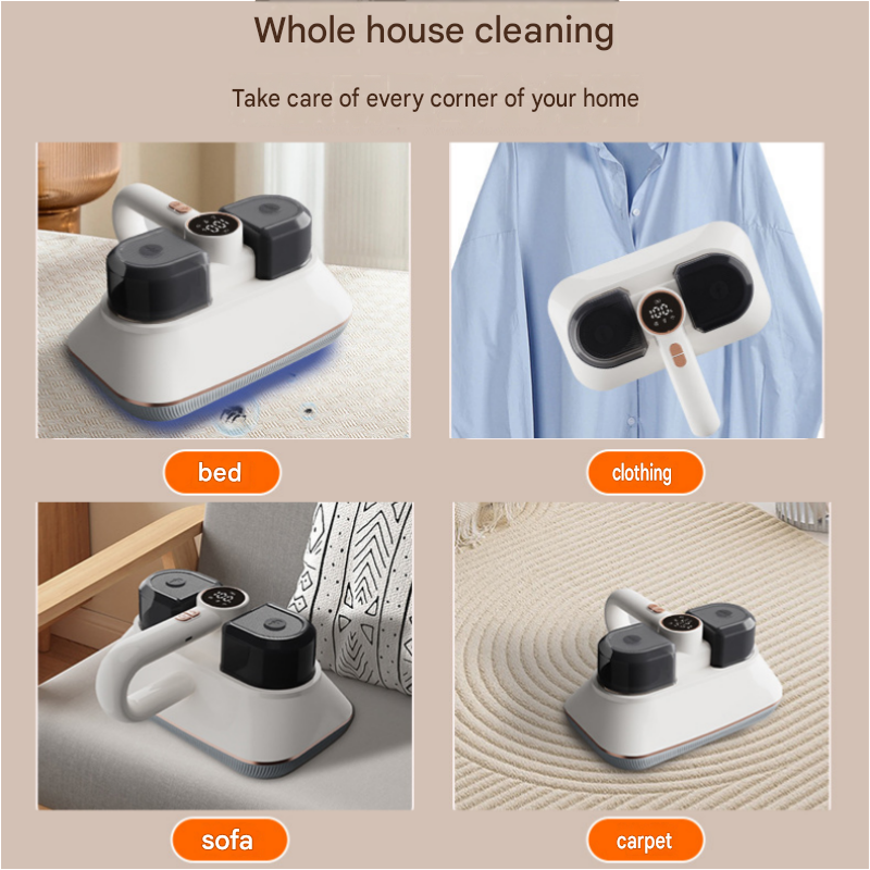 White handheld cordless mite remover vacuum with dual cups and UV light