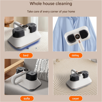 White handheld cordless mite remover vacuum with dual cups and UV light