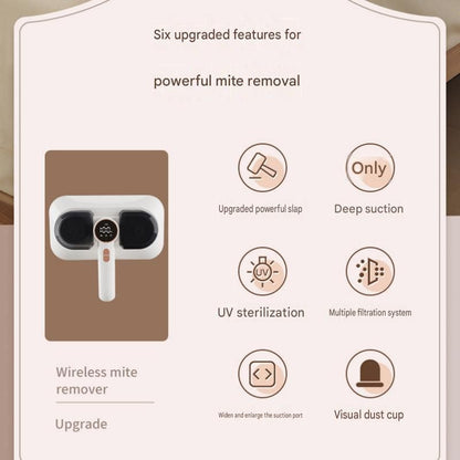 White handheld cordless mite remover vacuum with dual cups and UV light