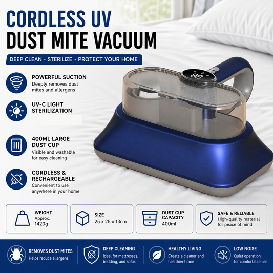 Blue cordless handheld UV-C mite remover vacuum with dust cup