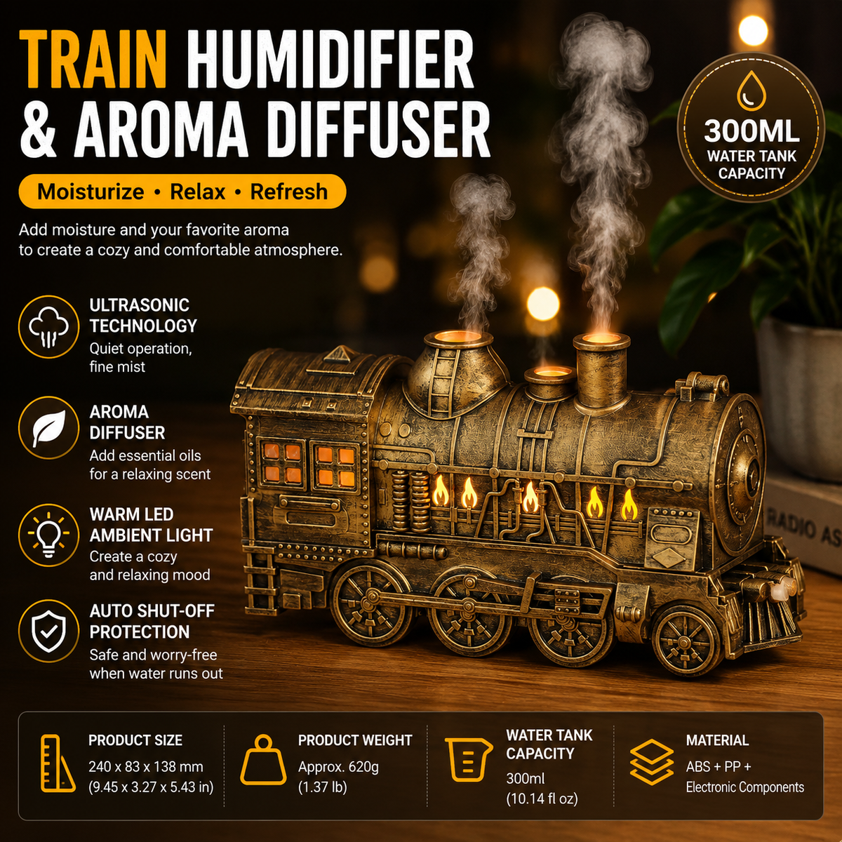 Retro train-shaped humidifier with LED night light, dual mist nozzles and brass-toned finish