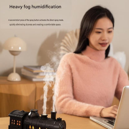 Retro train-shaped humidifier with LED night light, dual mist nozzles and brass-toned finish