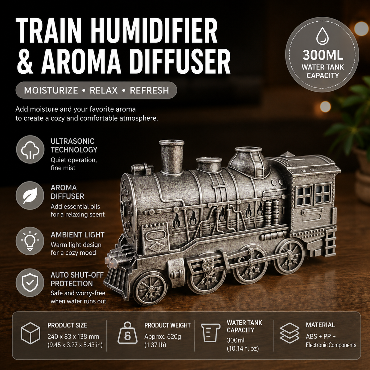 Retro train aromatherapy humidifier with LED night light and dual mist nozzles