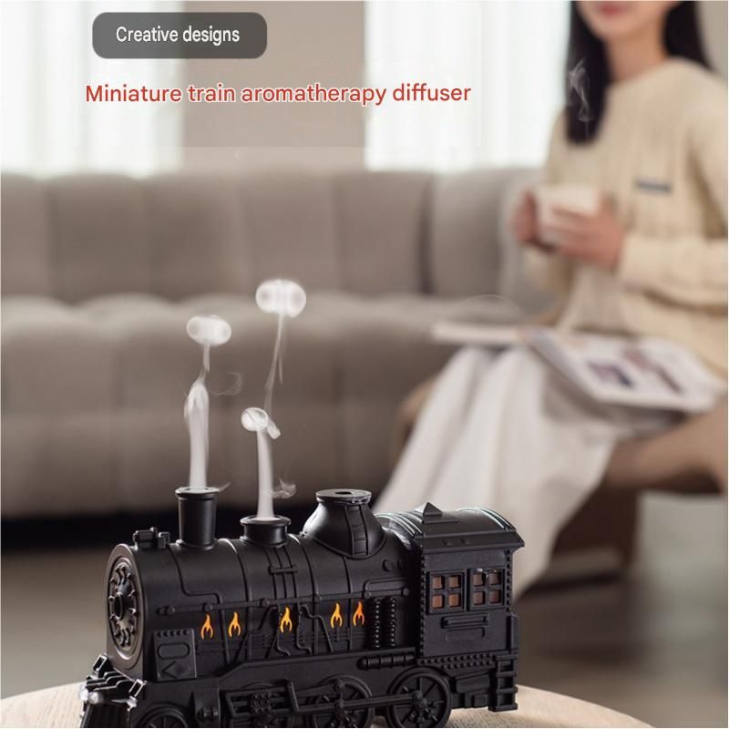 Retro train aromatherapy humidifier with LED night light and dual mist nozzles