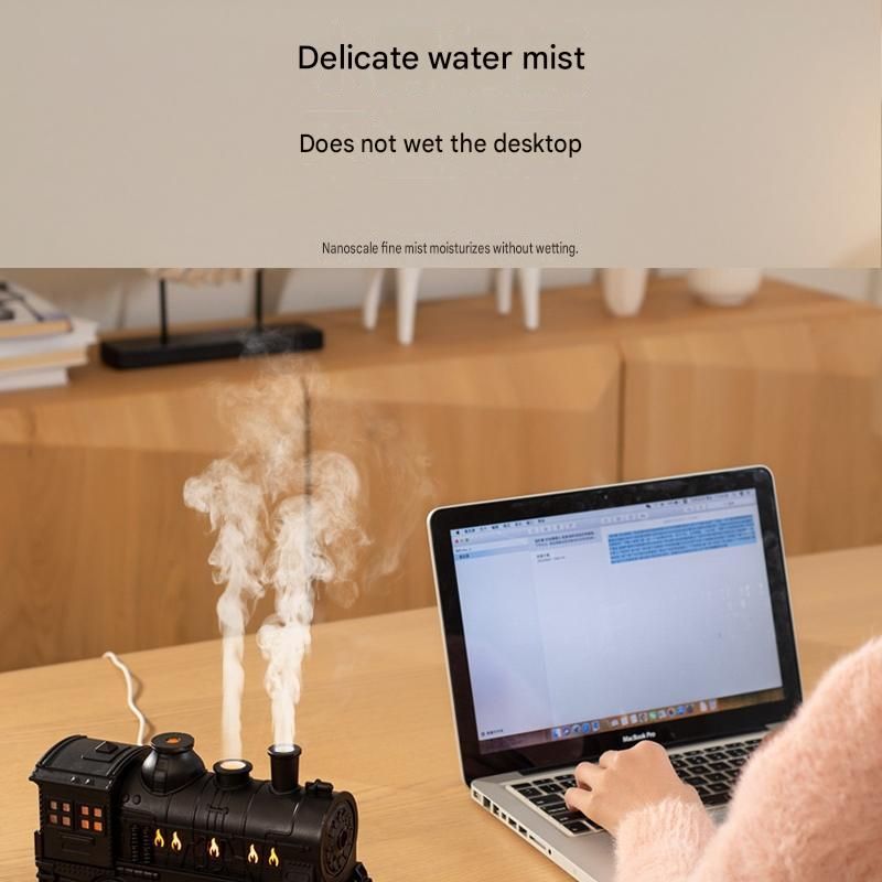 Retro train aromatherapy humidifier with LED night light and dual mist nozzles