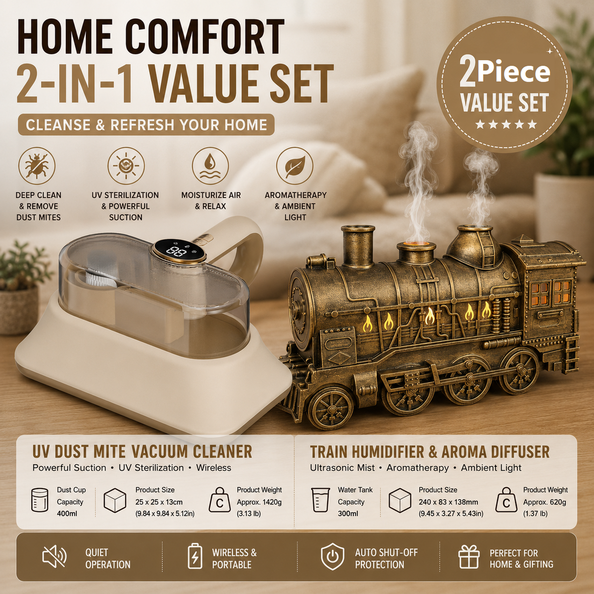 Brass-coloured retro train humidifier with cordless UV mite remover vacuum