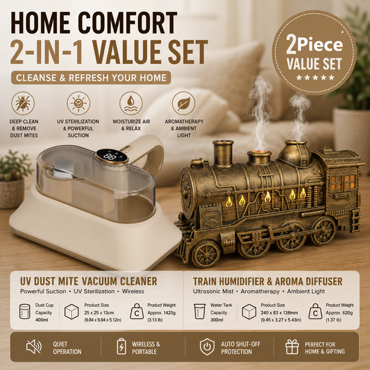 Brass-coloured retro train humidifier with cordless UV mite remover vacuum