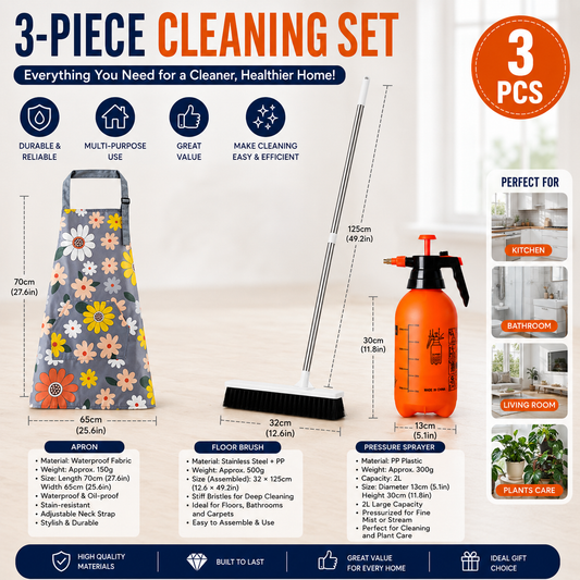 Cleaning bundle with waterproof apron, long-handle floor scrubber brush and orange 2L pressure sprayer