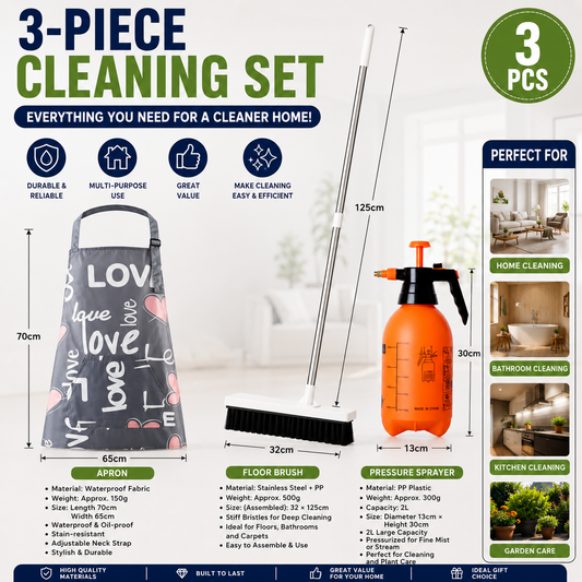 Three-piece cleaning bundle with waterproof apron, long-handle scrubber brush and orange 2L sprayer