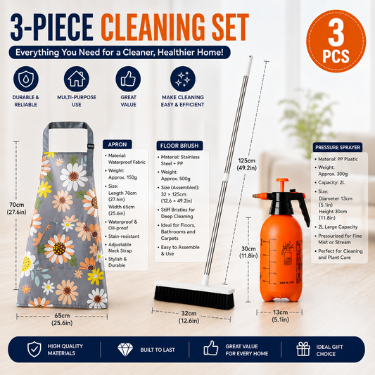 Three-piece cleaning bundle with apron, long-handle scrub brush and orange 2L pressure sprayer