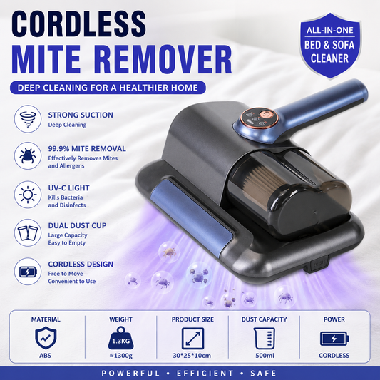 Black wireless mite remover vacuum with handheld body and cleaning head
