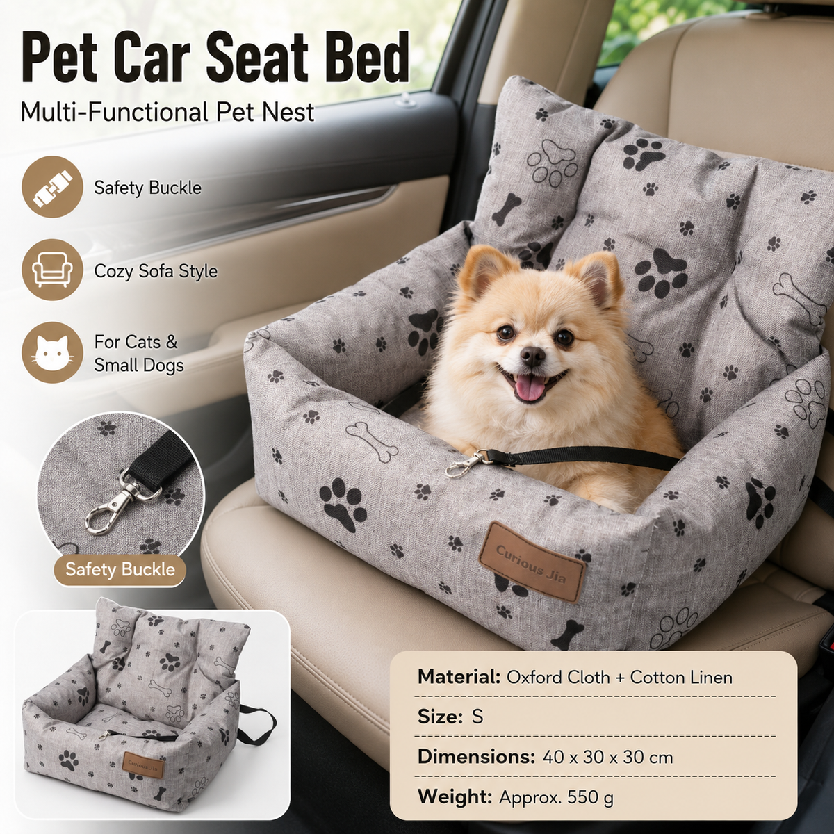 Grey paw print pet car seat booster bed with removable cover and safety tether
