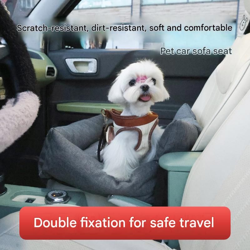 Grey paw print pet car seat booster bed with removable cover and safety tether