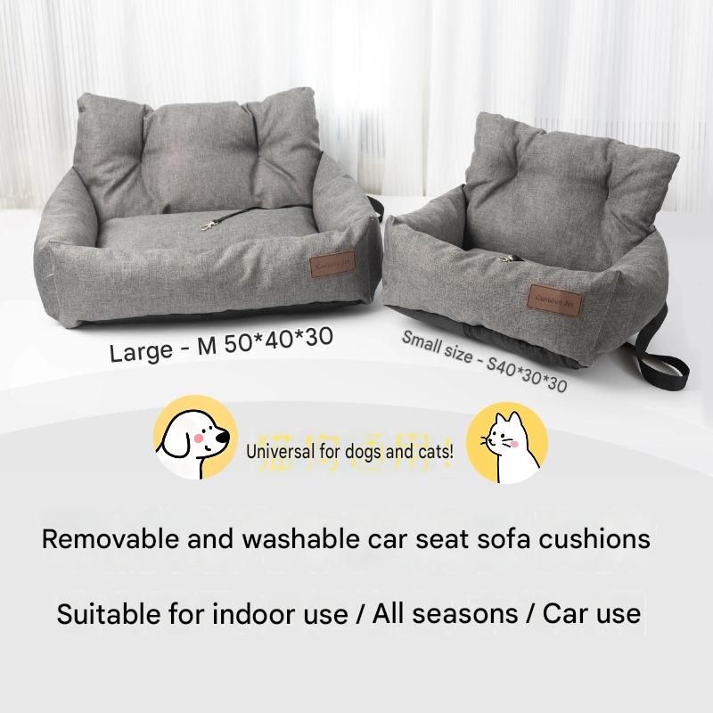 Grey paw print pet car seat booster bed with removable cover and safety tether