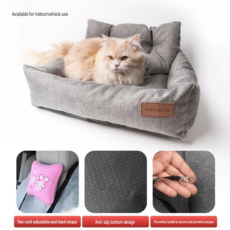 Grey paw print pet car seat booster bed with removable cover and safety tether