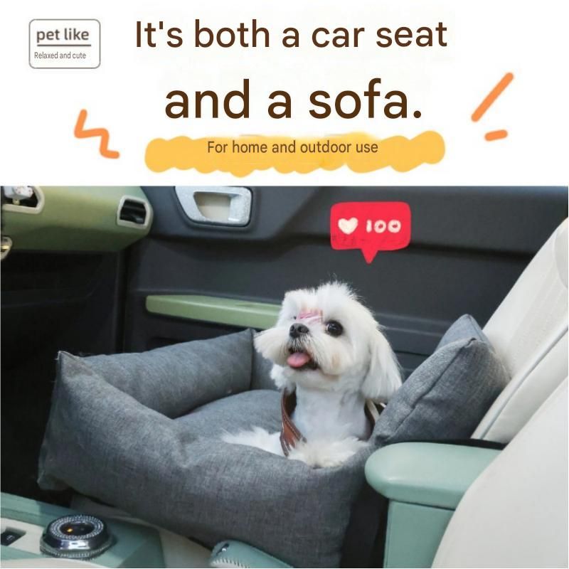 Grey paw print pet car seat booster bed with removable cover and safety tether
