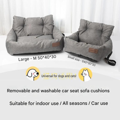 Grey paw print pet car seat booster bed with raised sides and non-slip base