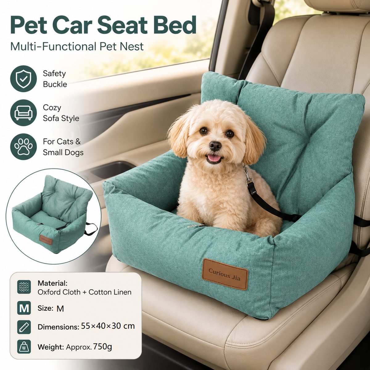 Oxford linen pet car seat booster bed with raised sides and removable cover