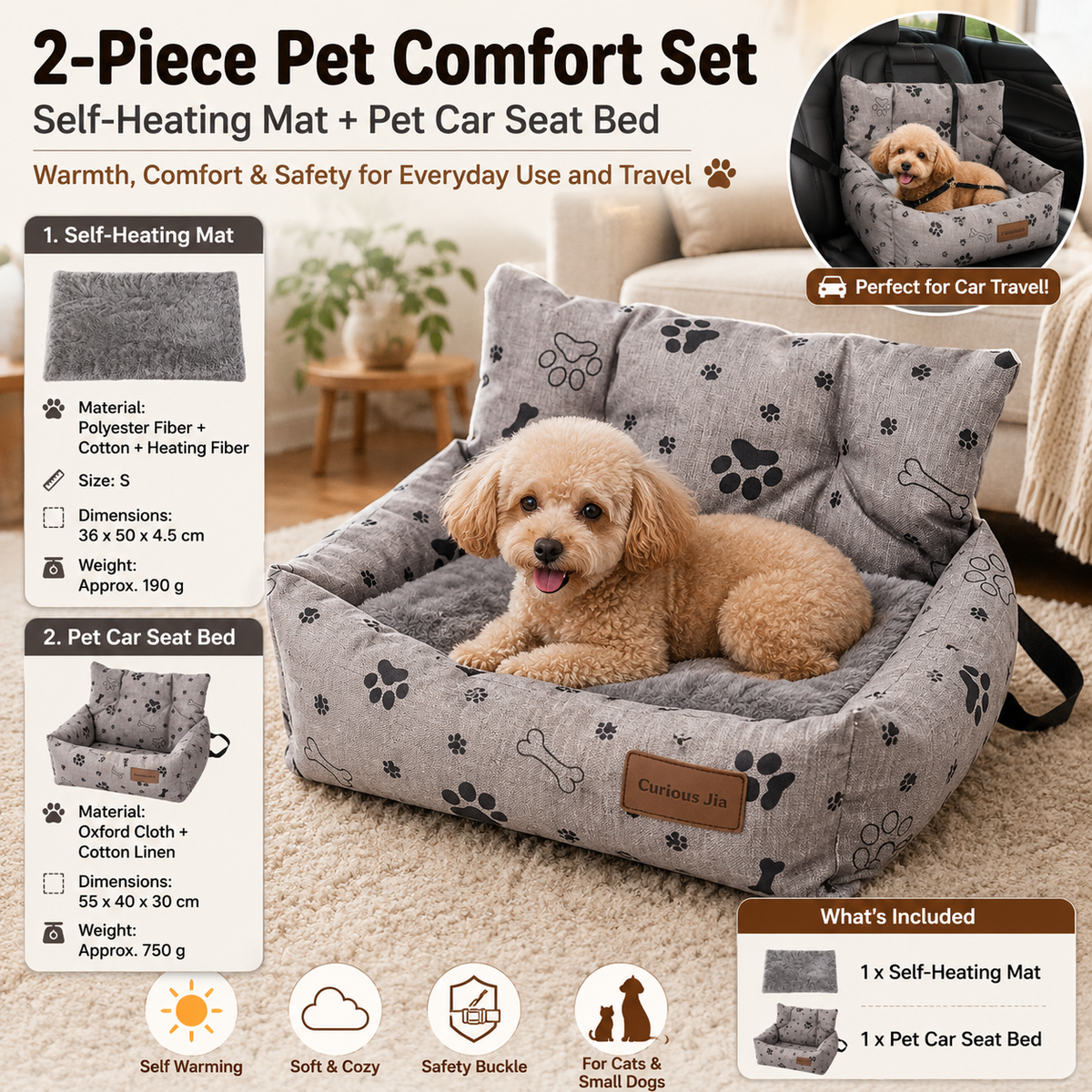 Grey self-heating pet mat and grey paw print car booster seat bundle