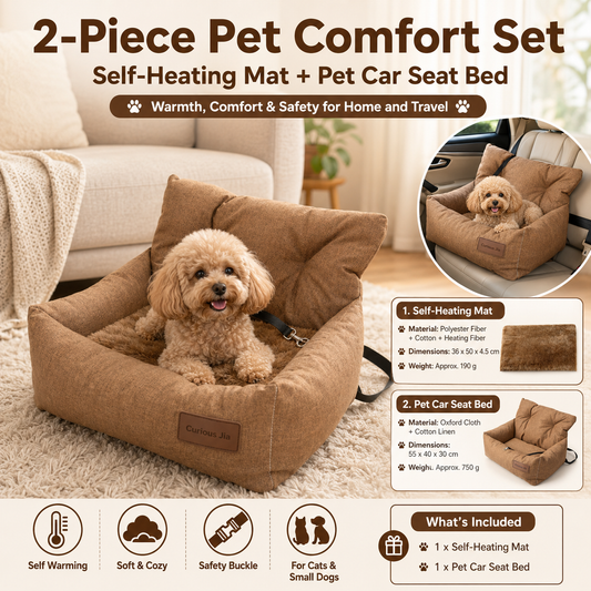Brown self-heating pet mat and yellow car booster seat for small dogs and cats