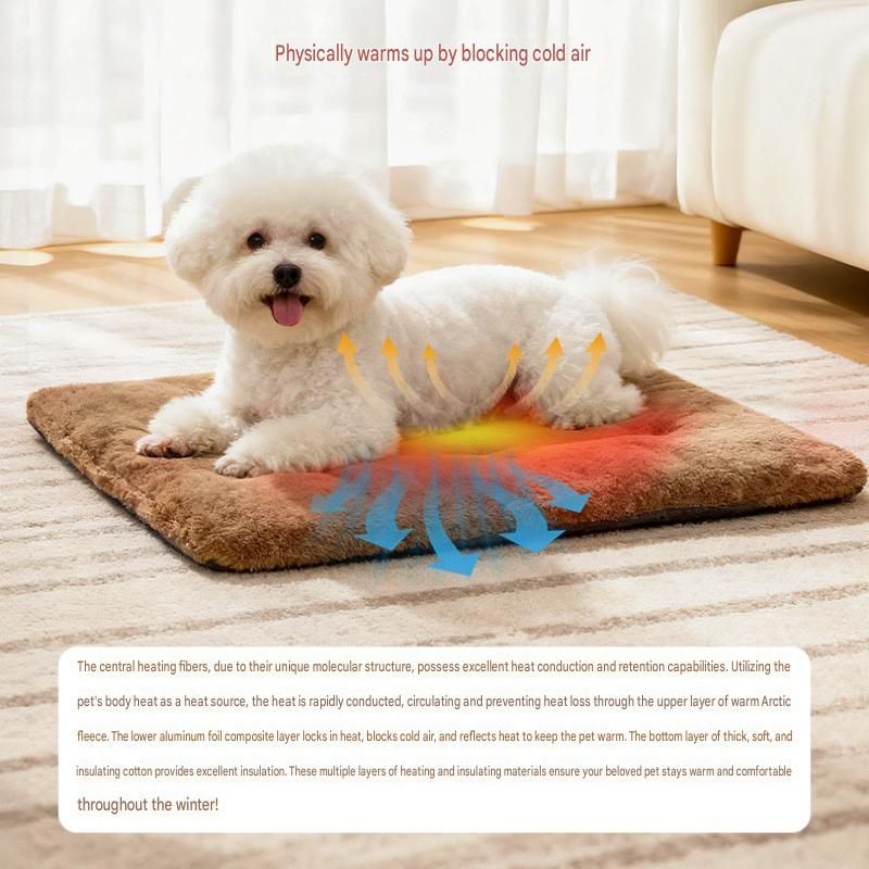 Brown self-heating pet mat and yellow car booster seat for small dogs and cats