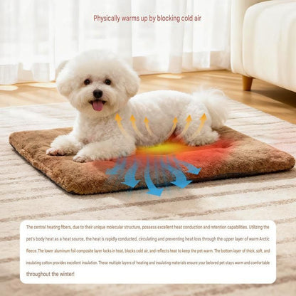 Brown self-heating pet mat and yellow car booster seat for small dogs and cats
