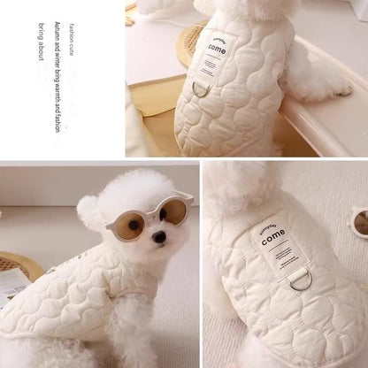 Beige quilted dog vest and coffee oval fleece pet bed bundle