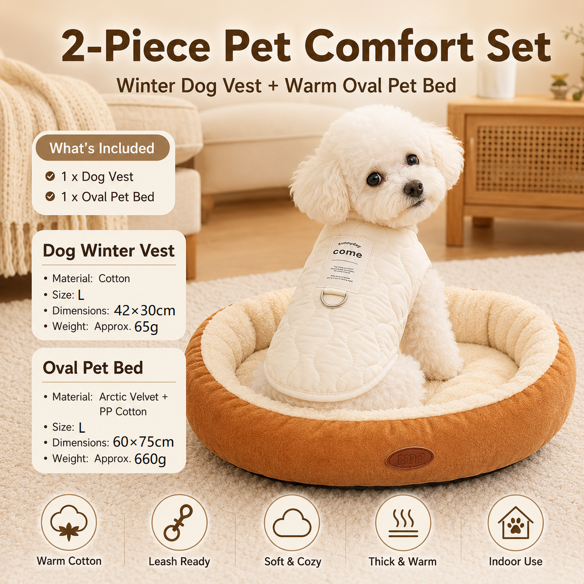 Beige quilted dog vest with leash ring beside a coffee-coloured oval fleece pet bed