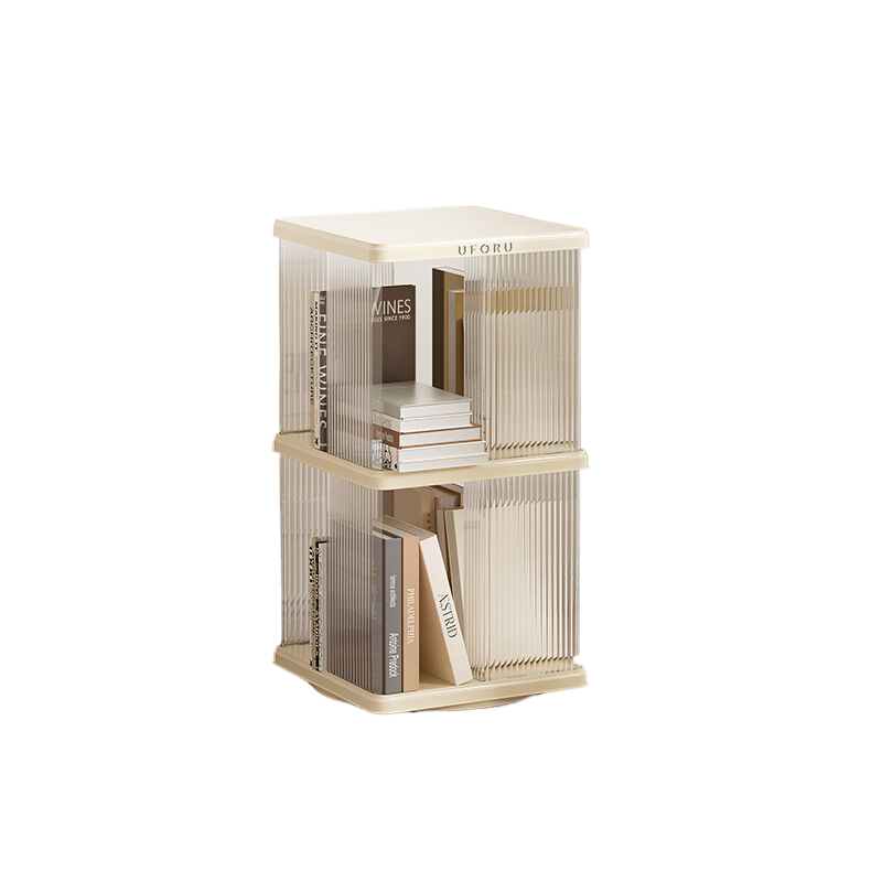 Cream white square rotating bookshelf with two tiers holding books