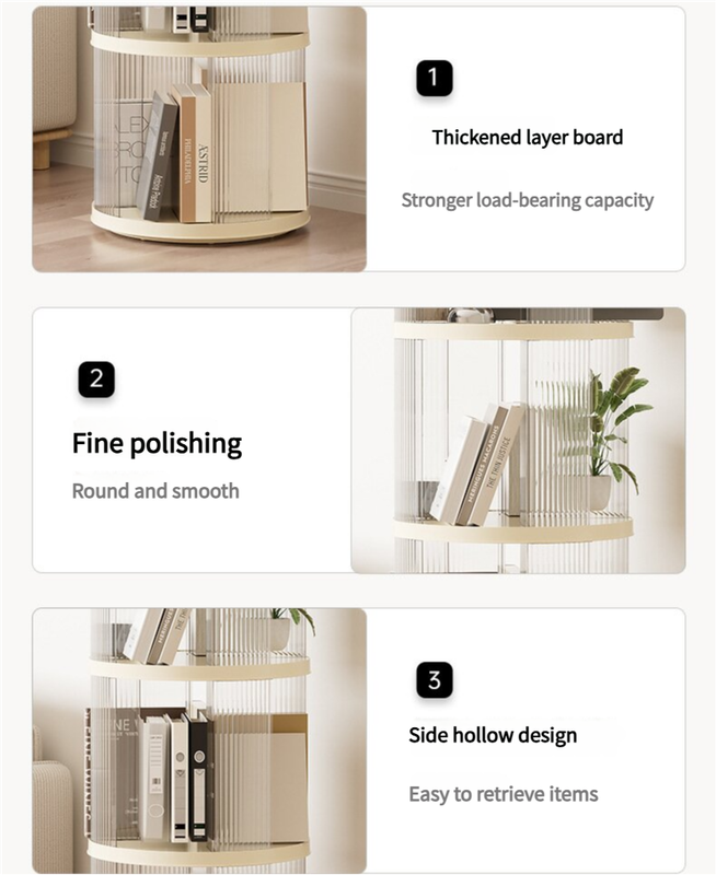 Cream white square rotating bookshelf with two tiers holding books
