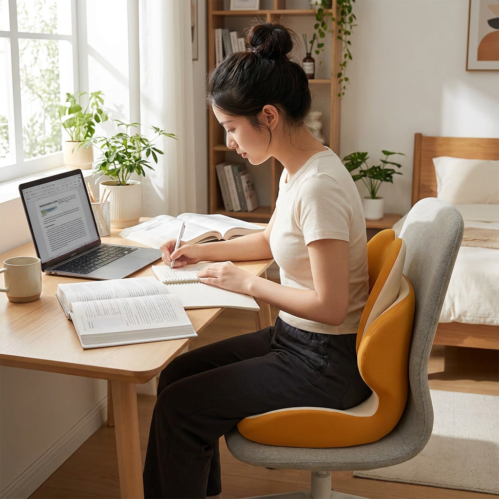 Yellow memory foam seat cushion with integrated lumbar support on a chair